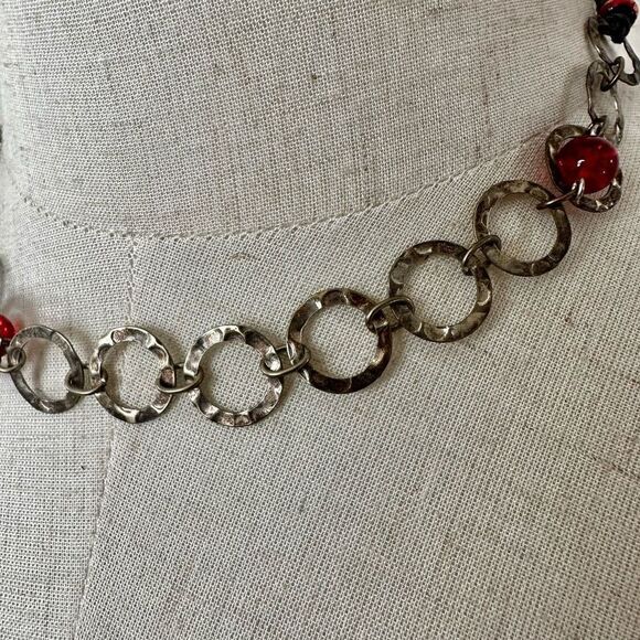 Silver tone and red  circle choker  necklace - Picture 2 of 8